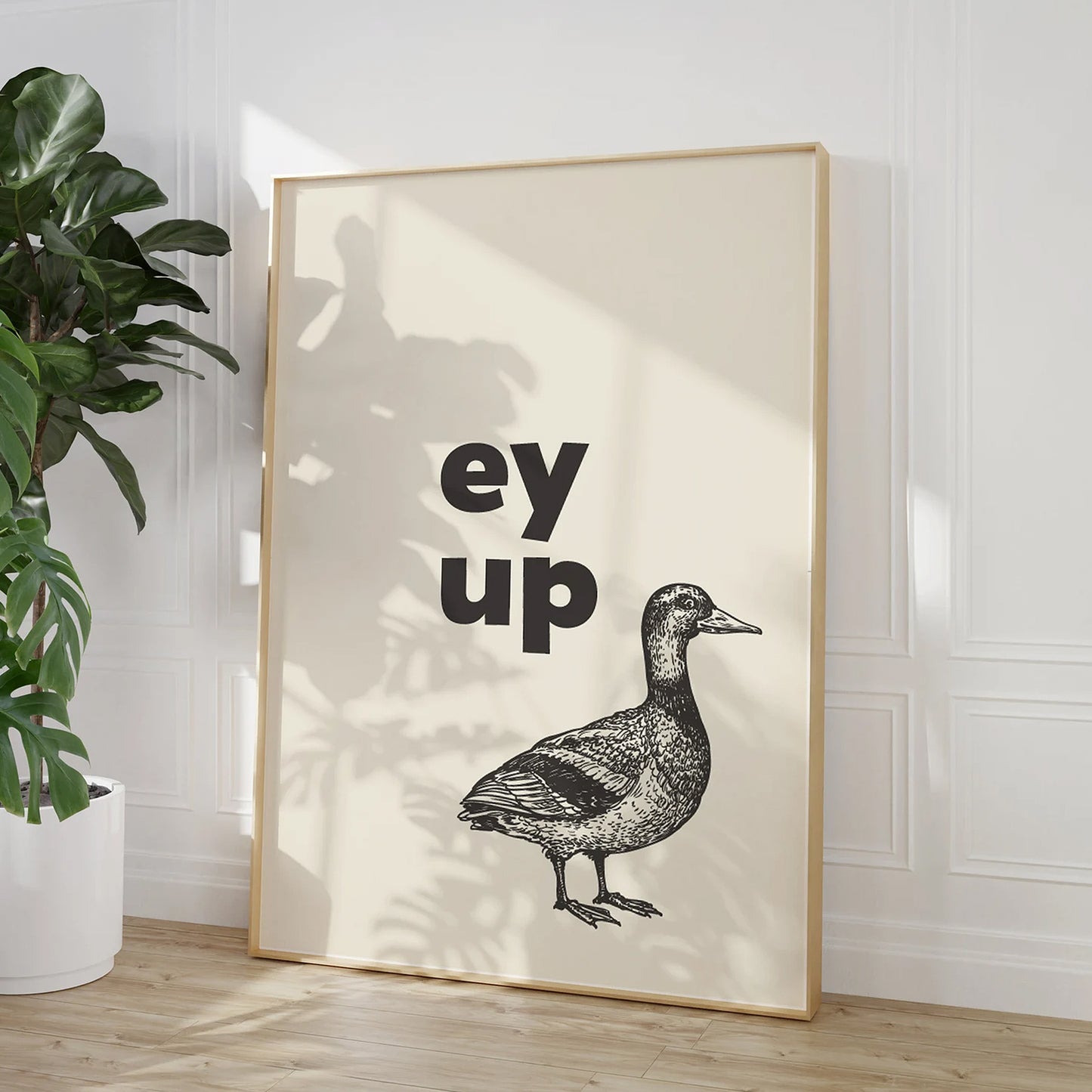 Funny Northern Quotes Poster with “Ey Up Duck” text and duck artwork. Customisable wall art ideal for homes, gifts, and lovers of northern humour.