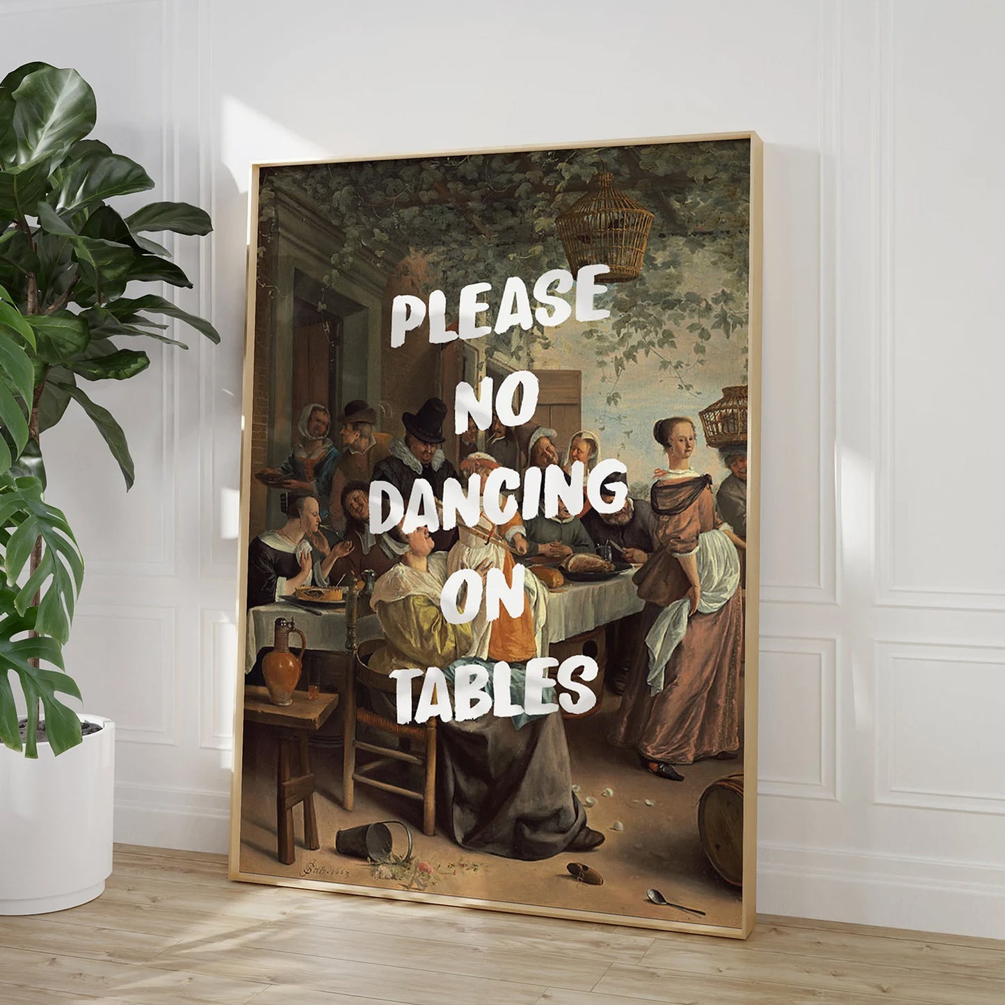 Graffiti-style wall art featuring "Please No Dancing On Tables" text over classic baroque painting. Playful vintage altered artwork for kitchens, dining rooms, and modern interiors. Available in A5, A4, and A3 sizes.
