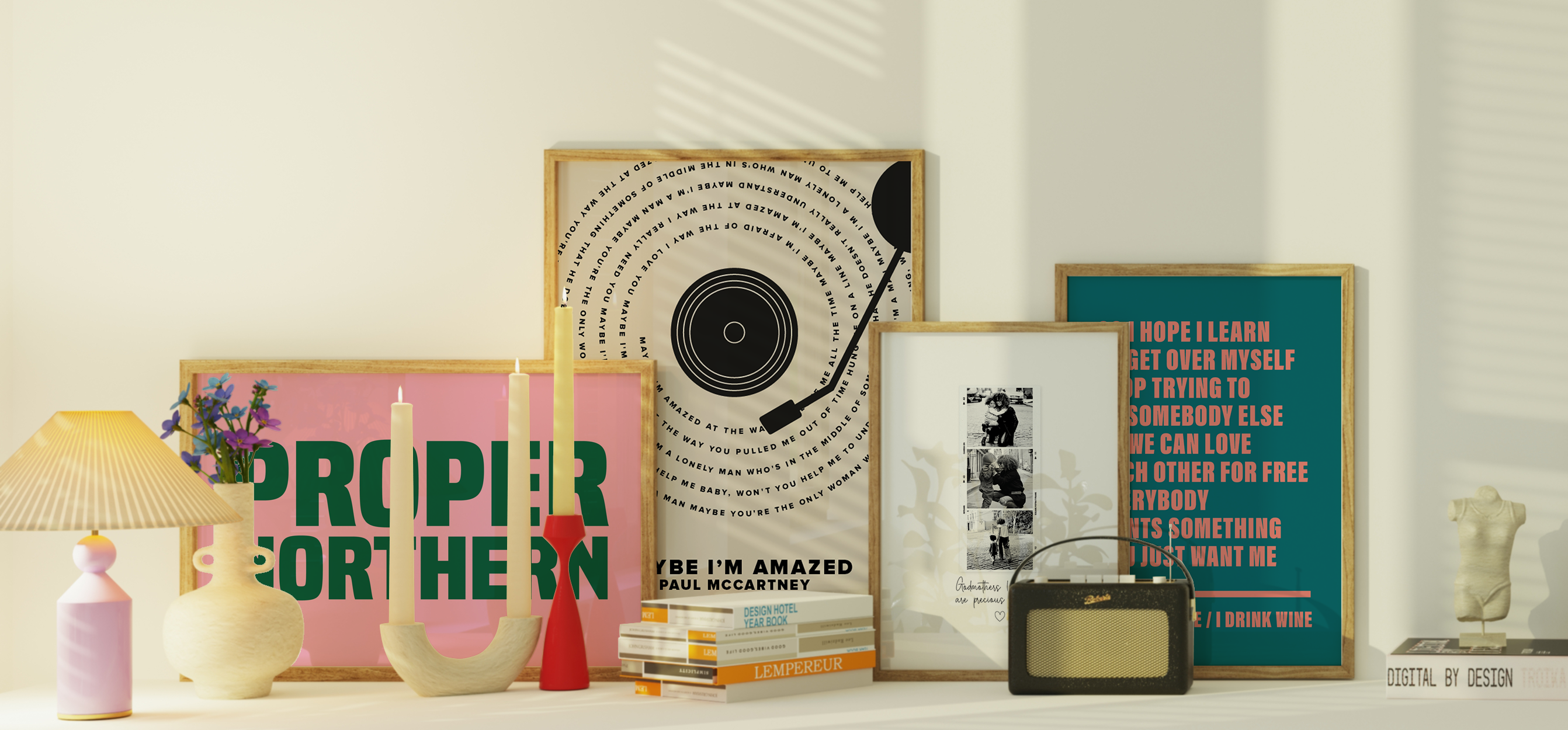 A collection of personalised prints and custom wall art from Printsorama, featuring vibrant designs like vinyl-inspired artwork, typography posters, and Polaroid-style photo frames, perfect for stylish home decor and gifting.