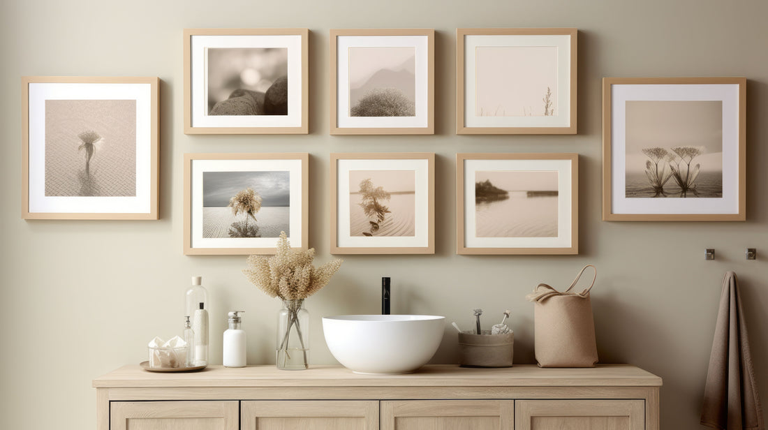 Modern bathroom with neutral decor featuring a stylish gallery wall of framed minimalist nature art prints.