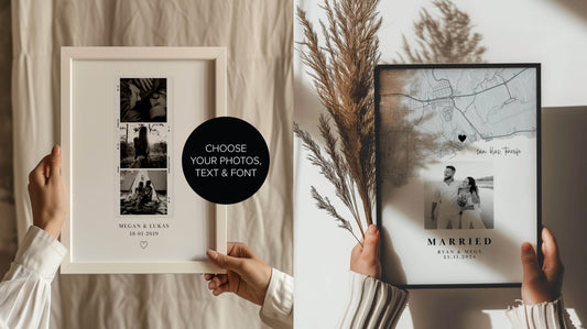 ollage of two personalised Valentine's Day gifts, featuring a custom map and photo print alongside a photo strip print with customisable text and font, perfect for romantic gifting.