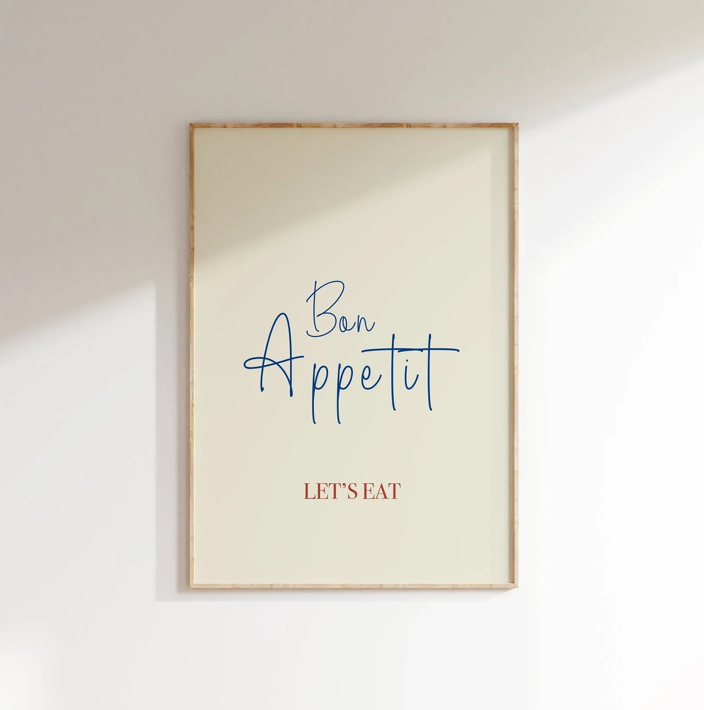 Bon Appétit Let's Eat kitchen print featuring retro typography, perfect for trendy kitchen decor and dining room wall art, available in A5, A4, and A3 sizes.