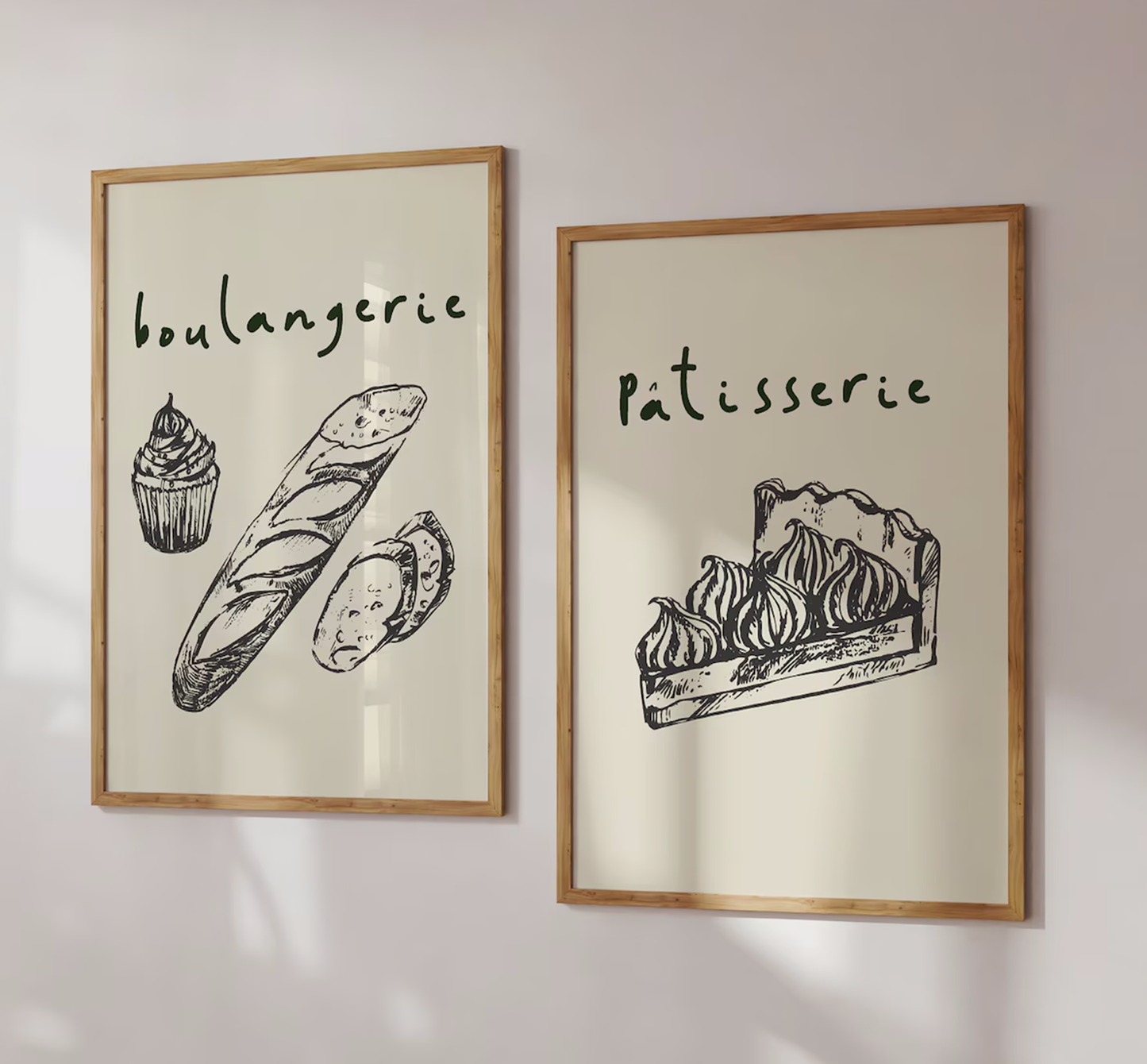 Boulangerie & Patisserie Print Set featuring elegant illustrations of French bakery treats, perfect for kitchen and dining room decor, available in A5, A4, and A3 sizes.