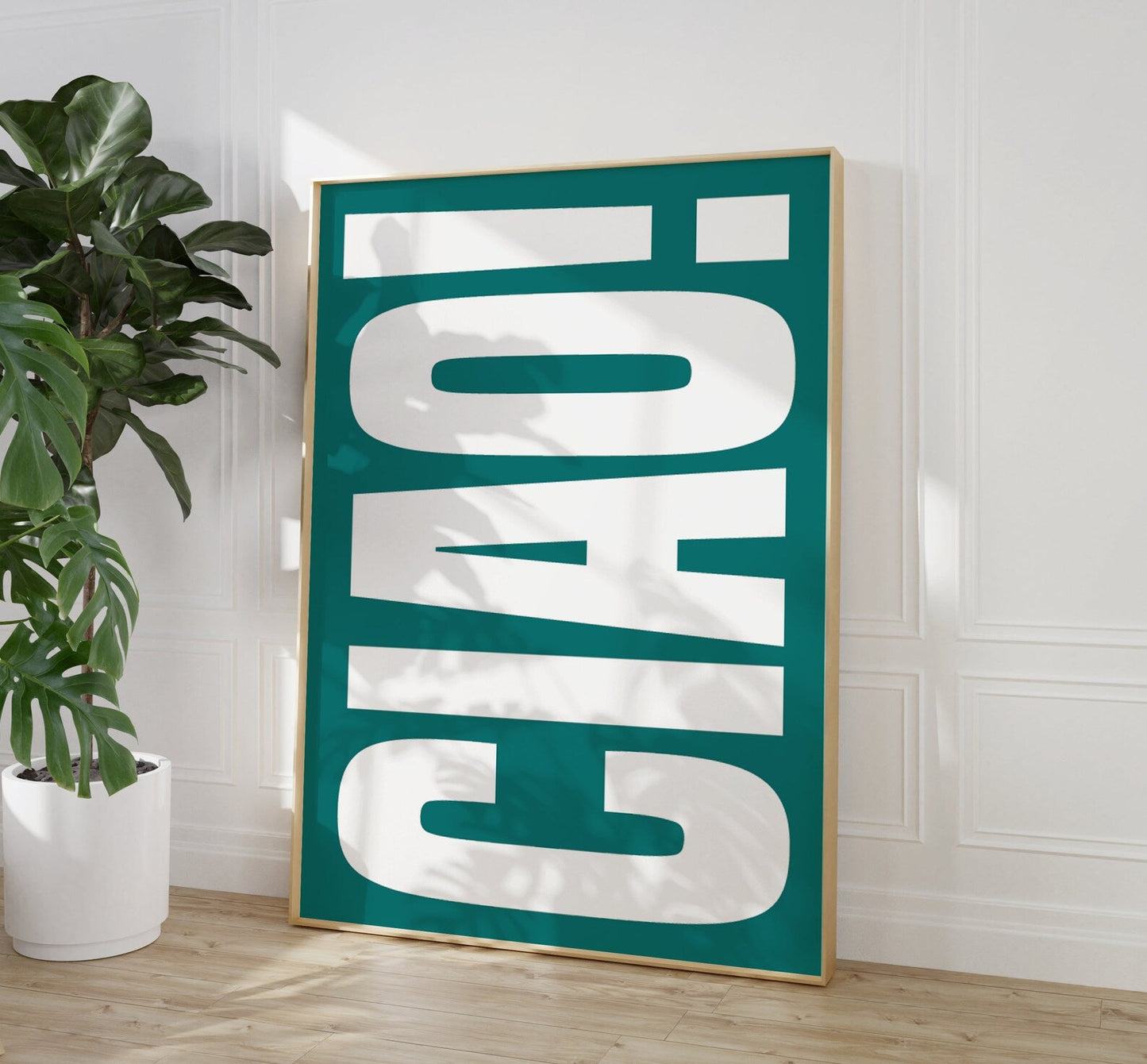 Ciao Quote Print featuring bold retro typography in teal and white, perfect for funky hallway decor, boho gallery walls, and vibrant home styling, available in A5, A4, and A3 sizes.