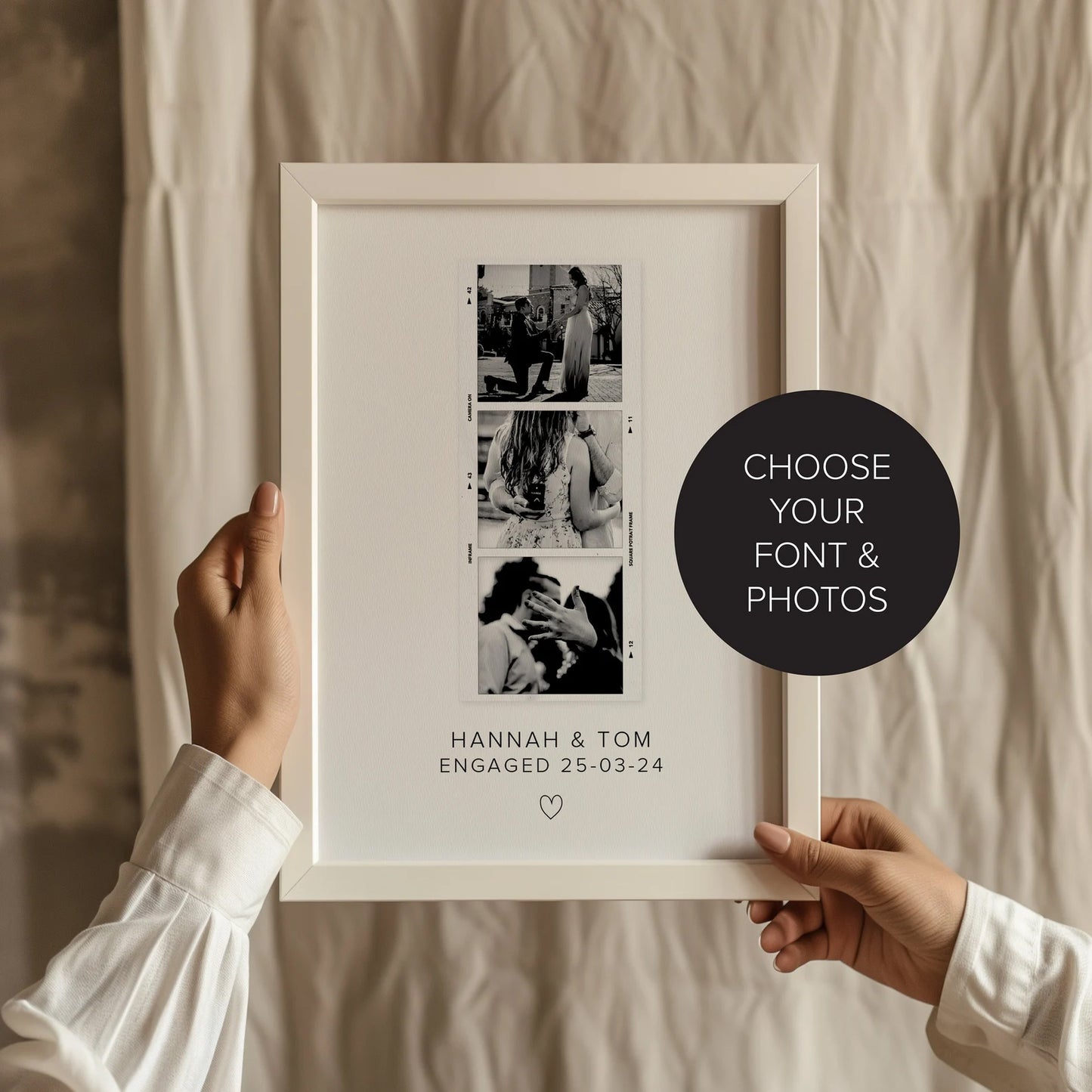 Personalised Polaroid-style engagement gift featuring a custom photo and heartfelt message, perfect for couples or fiancés.