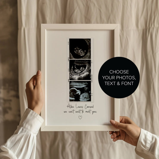 Personalised baby shower gift featuring a Polaroid-style baby scan photo with a heartfelt message.