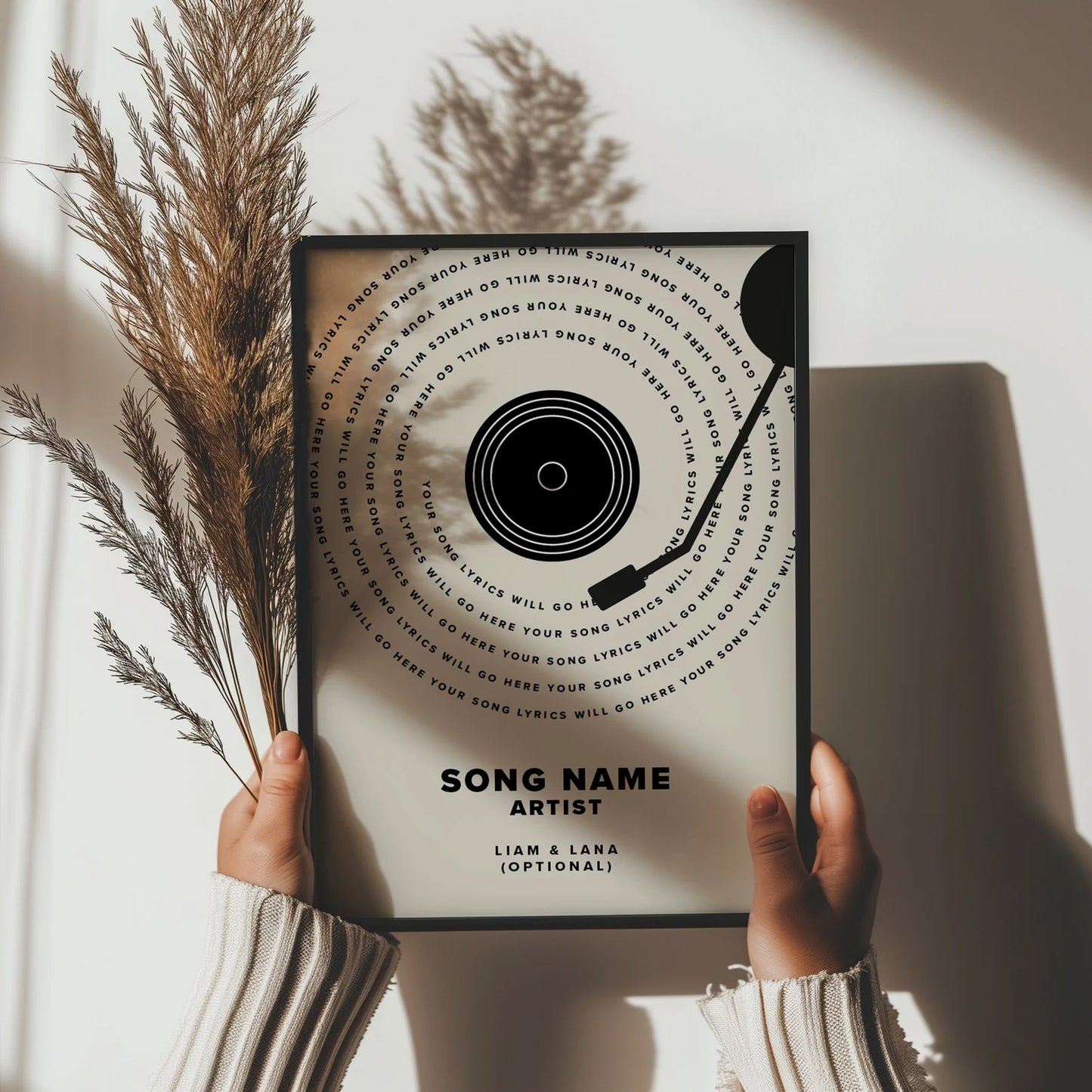 Unique music-themed print showcasing a personalised song and lyrics in a vinyl record aesthetic.