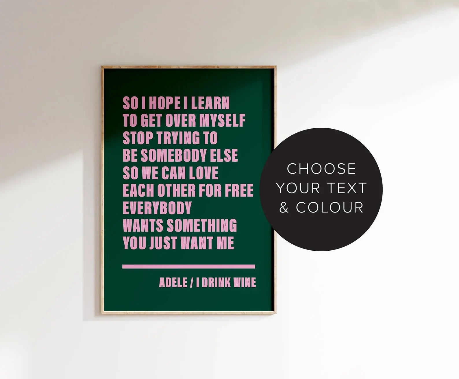 Custom Song Lyrics Poster with personalised text from your favourite song, featuring bold typography and customisable colours. Ideal music wall art for home decor or as a gift for music lovers. Available in A5, A4, and A3 sizes.