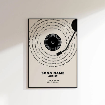 Custom vinyl record print featuring personalised song lyrics and a sleek design for music lovers.