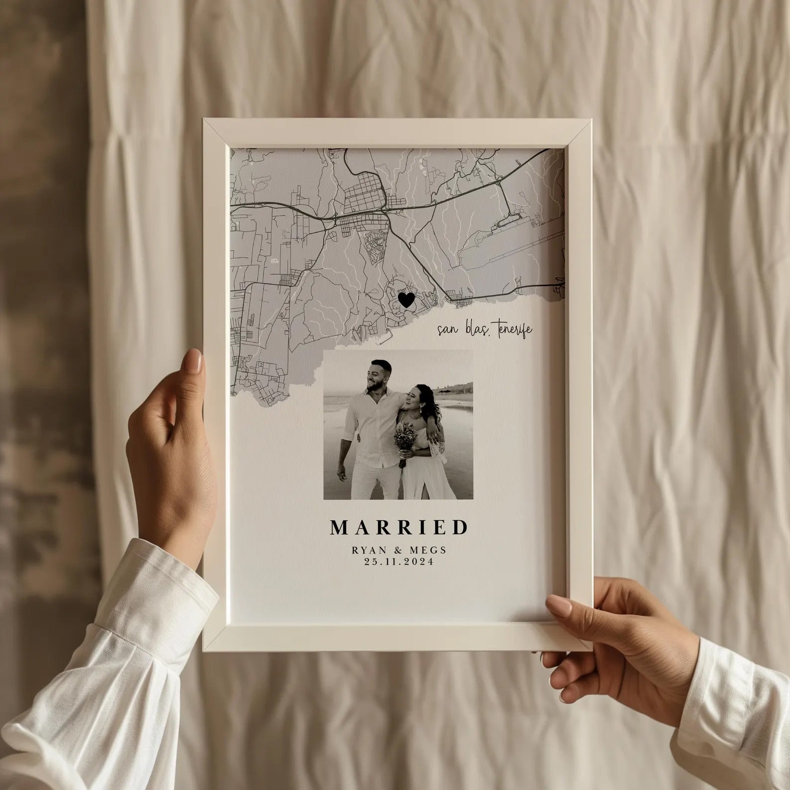 Custom wedding print with bride and groom photo and venue map, designed as a unique gift for newlyweds.