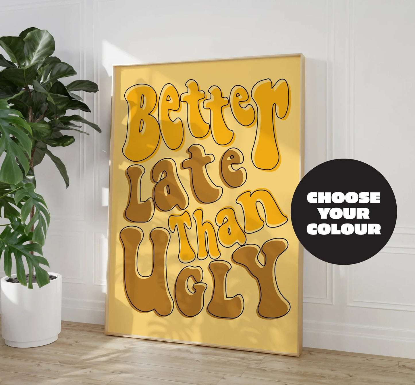 Retro-inspired typography wall art in yellow, perfect for dressing rooms, bathrooms, and gallery walls.