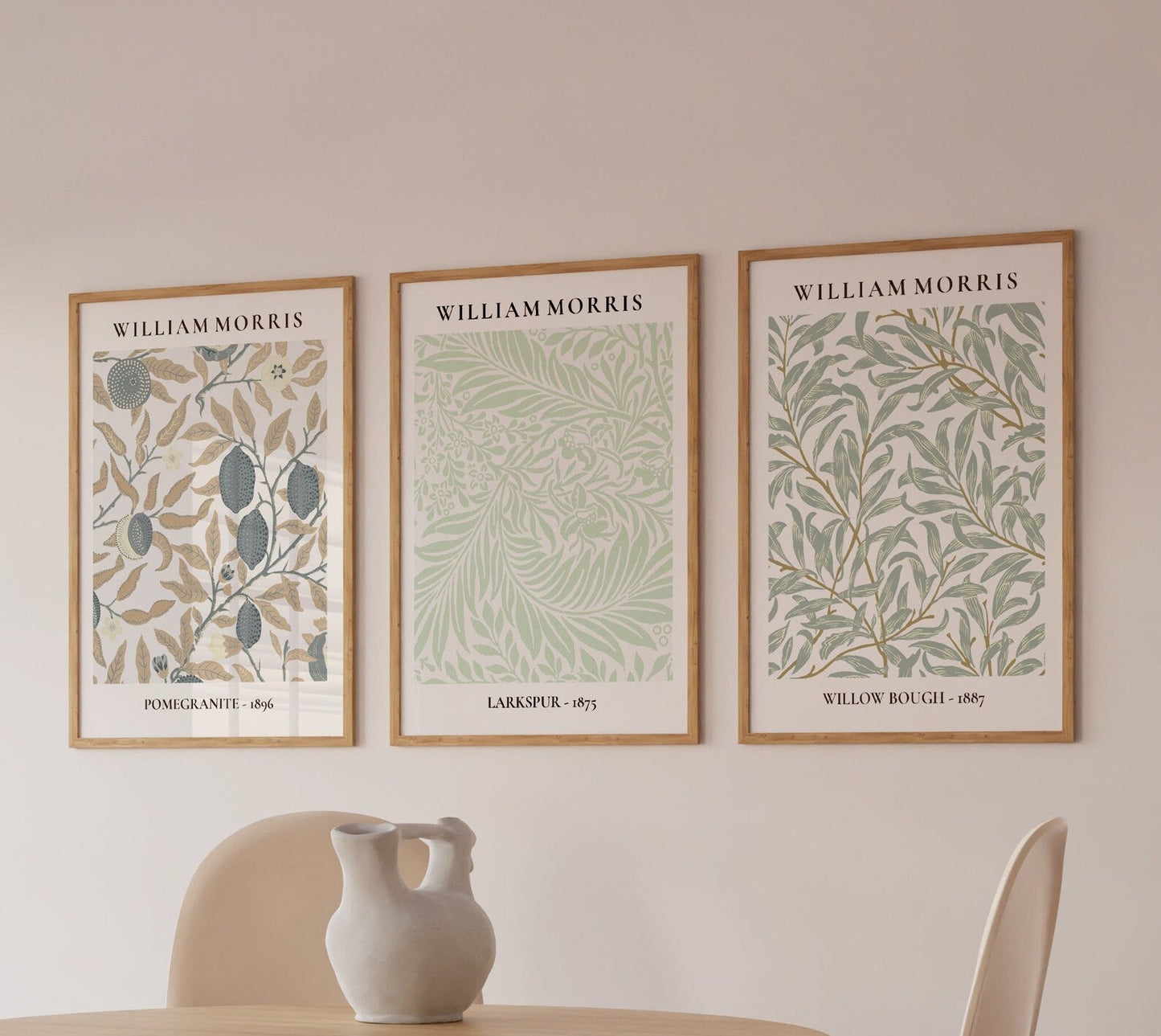 William Morris Prints Set of 3, Neutral Wall Art, Exhibition Posters, Willow Bough Pomegranate Larkspur, Floral Posters, Gallery Wall Art