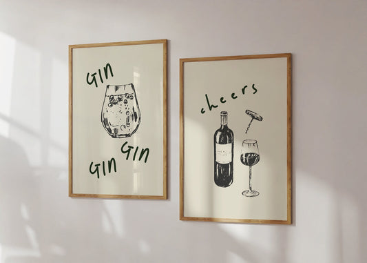 Kitchen Wine and Gin Prints, Set of 2 Retro Drinks Posters, Kitchen Wall Art, Aesthetic Kitchen Decor, Alcohol Cocktails Posters, Home Decor