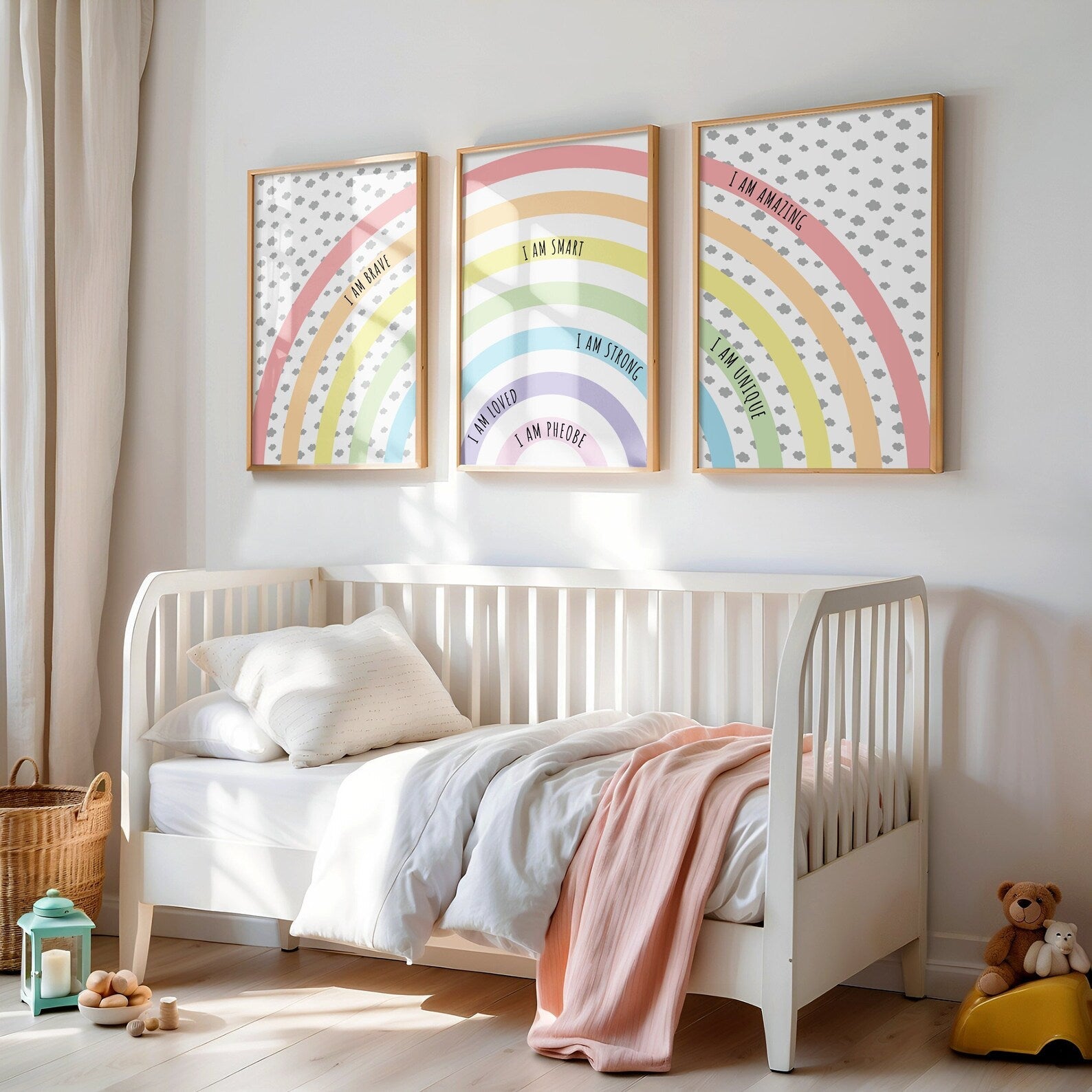 Kids Bedroom Affirmation Prints featuring pastel rainbows with positive affirmations, perfect for girls’ bedrooms, nurseries, and playroom decor. Customisable with a child’s name, available in A5, A4, and A3 sizes.