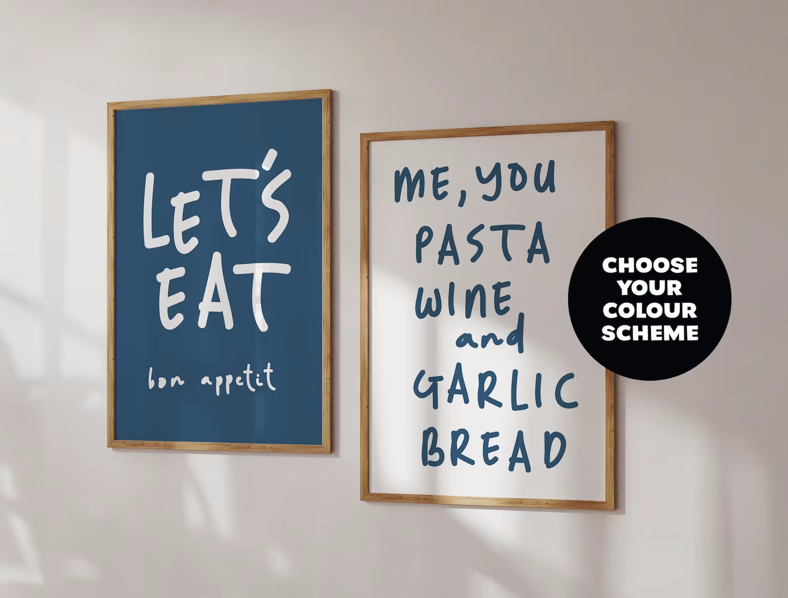 Let’s Eat Kitchen Print Set featuring modern typography designs, including 'Let’s Eat – Bon Appétit' and 'Me, You, Pasta, Wine, and Garlic Bread,' perfect for trendy kitchen and dining room decor, available in A5, A4, and A3 sizes.