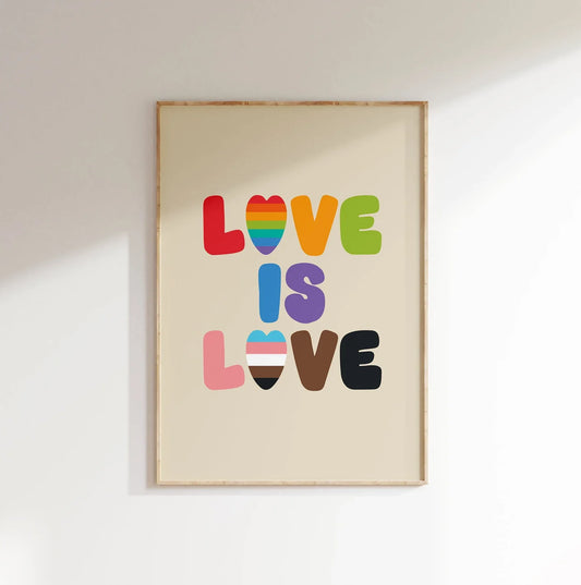 Love is Love print featuring bold typography and vibrant LGBTQ+ Pride and Trans flag colours, perfect for celebrating inclusivity and diversity in home decor or as a meaningful gift. Available in A5, A4, and A3 sizes.