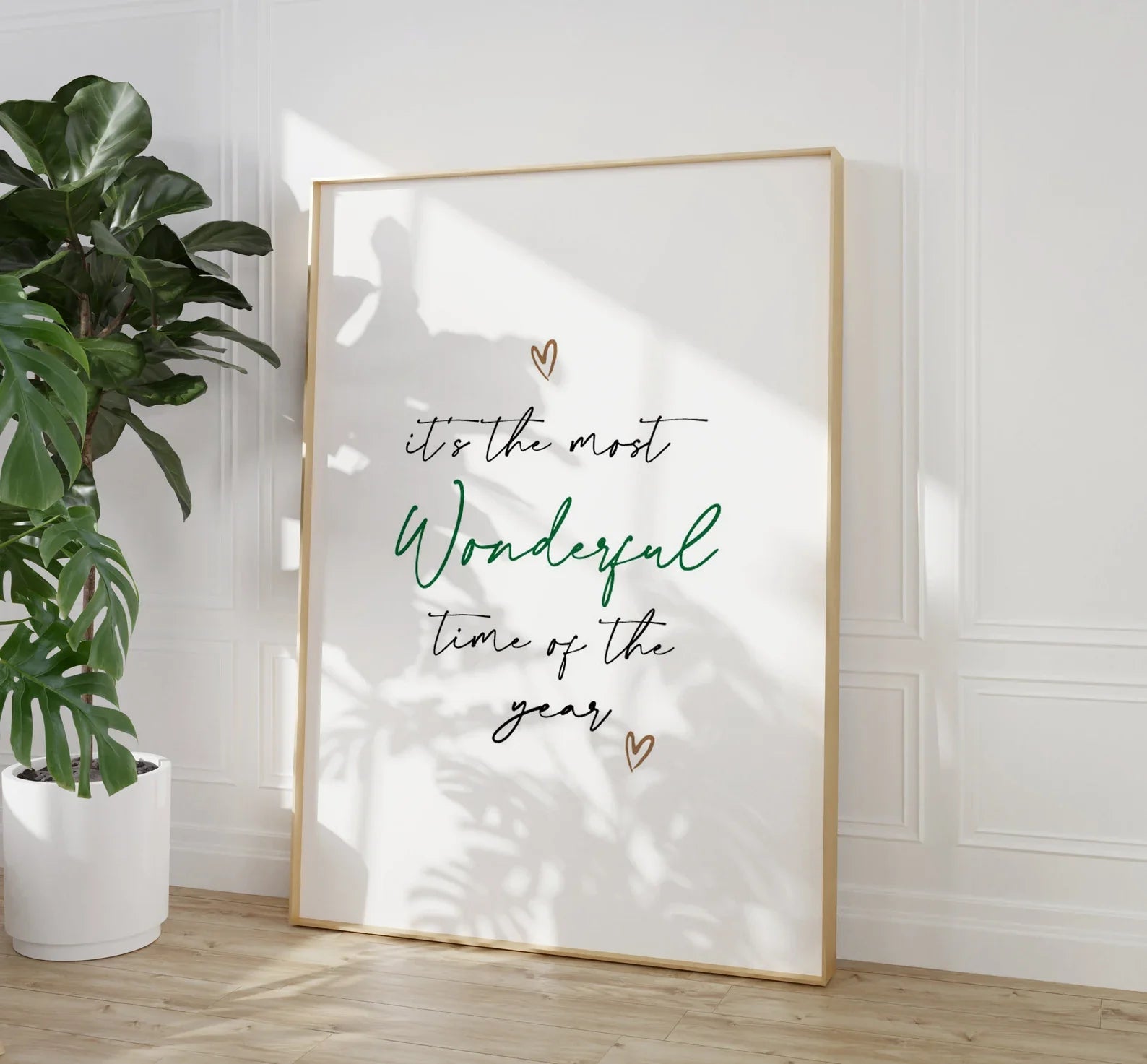 ‘Most Wonderful Time of the Year’ Christmas Typography Print featuring festive green and gold accents, perfect for holiday wall art and Christmas 2023 decor, available in A5, A4, and A3 sizes.