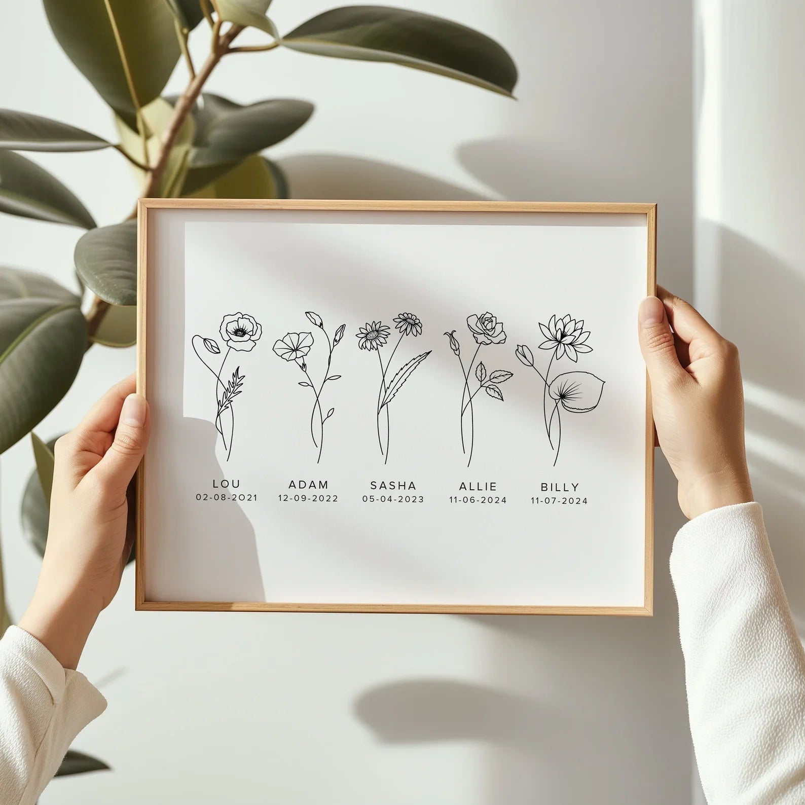 Personalised Family Print featuring delicate floral illustrations, custom names, and meaningful dates, perfect for modern family wall art or as a bespoke gift. Available in A5, A4, and A3 sizes.