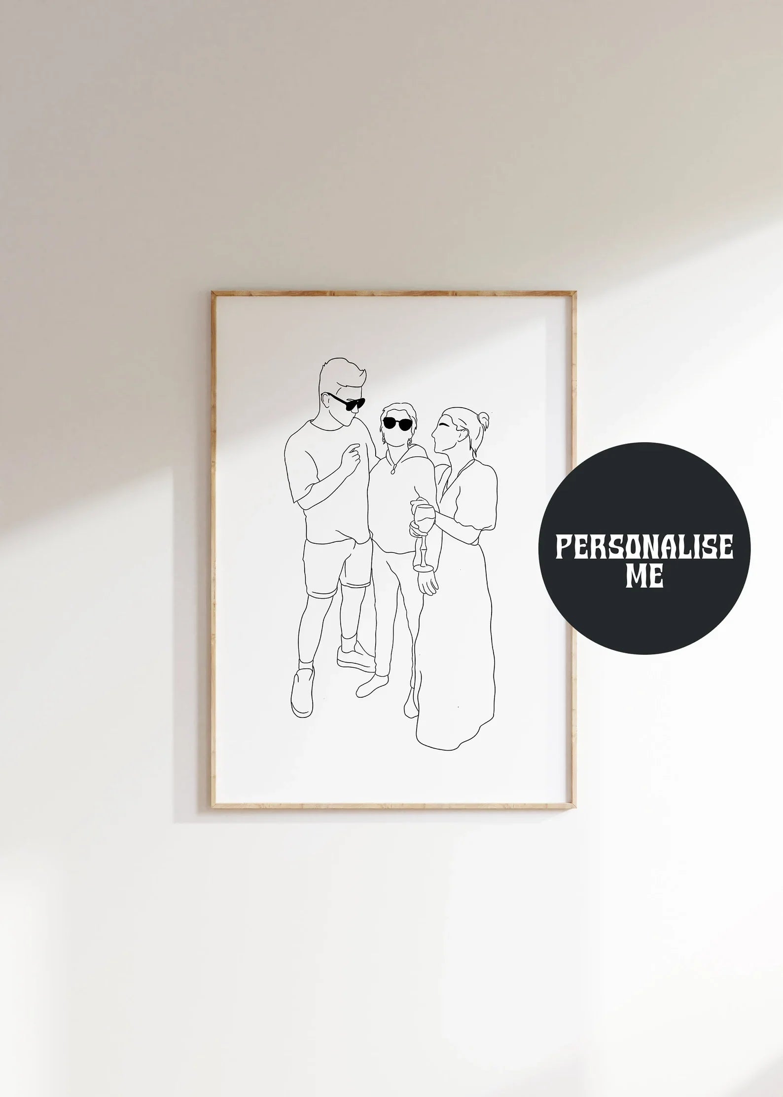 Personalised line drawing print created from your photo, featuring minimalist design with customisable text and colours. Perfect for unique wall art or a thoughtful gift. Available in A5, A4, and A3 sizes.