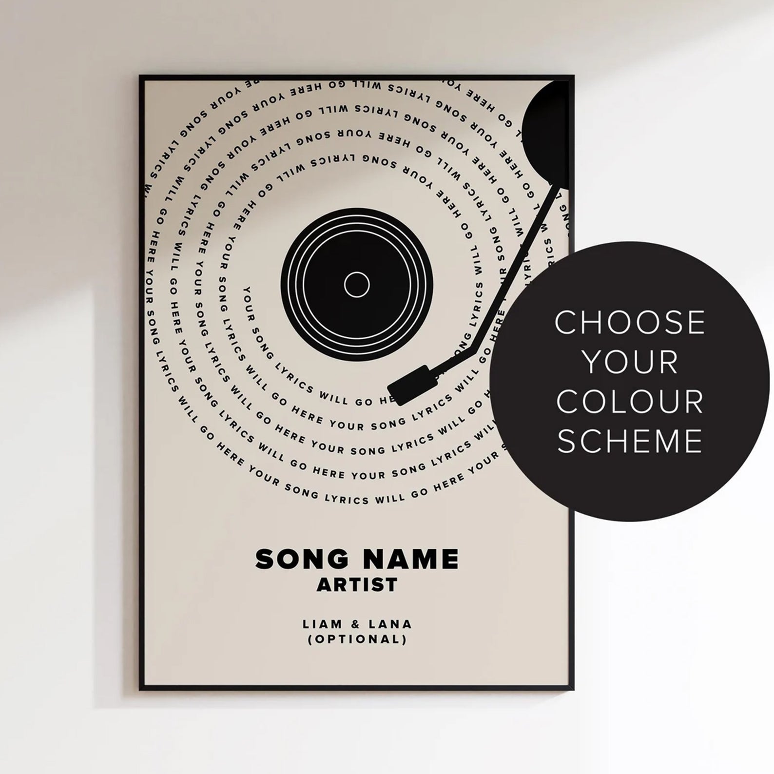 Personalised vinyl-inspired print featuring song lyrics and a custom song title for music lovers.