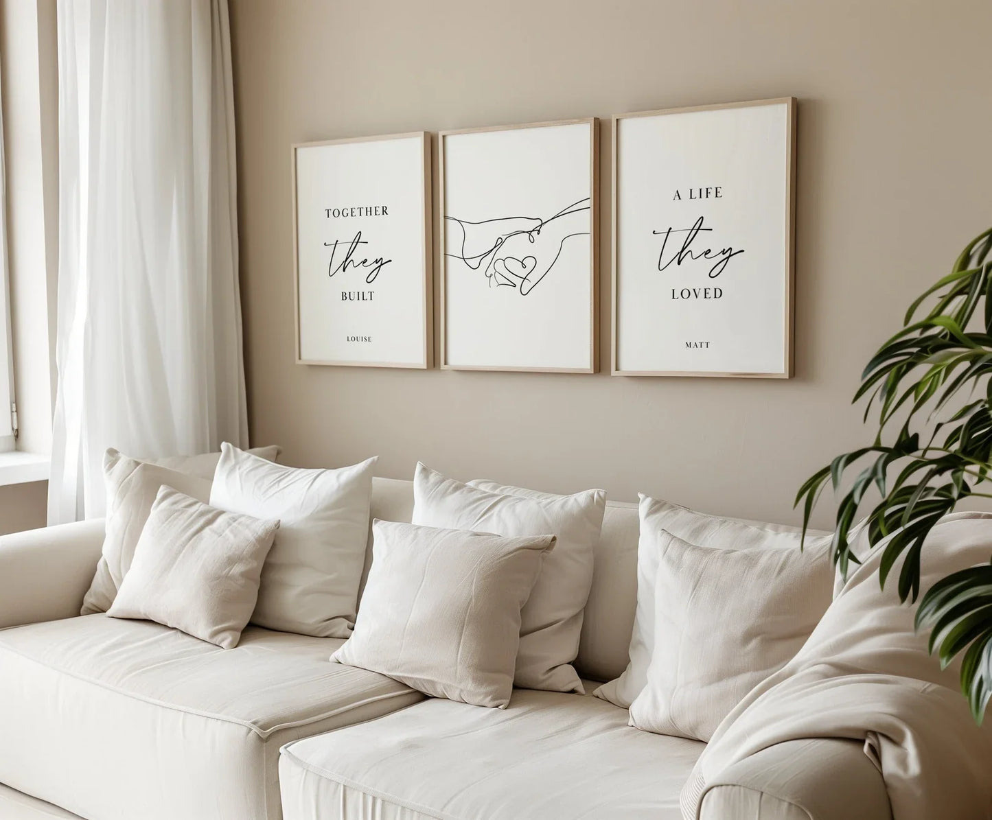 Set of 3 personalised wall art prints featuring minimalist line art, perfect for bedroom or living room décor. Customisable trio artwork available in A5, A4, and A3 sizes.