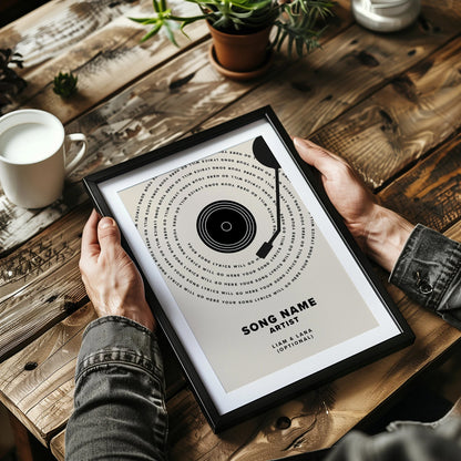 Personalised vinyl lyrics print with a custom song and artist, designed as a unique music-inspired gift.