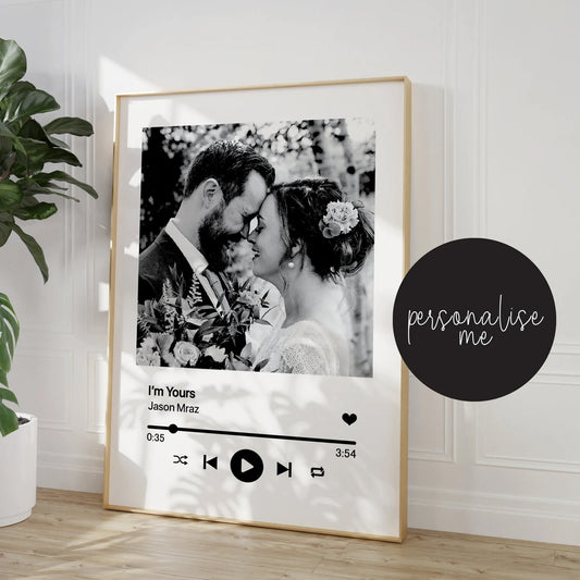 Personalised wedding gift featuring a Polaroid-style photo and Spotify-inspired design with the couple’s wedding song.