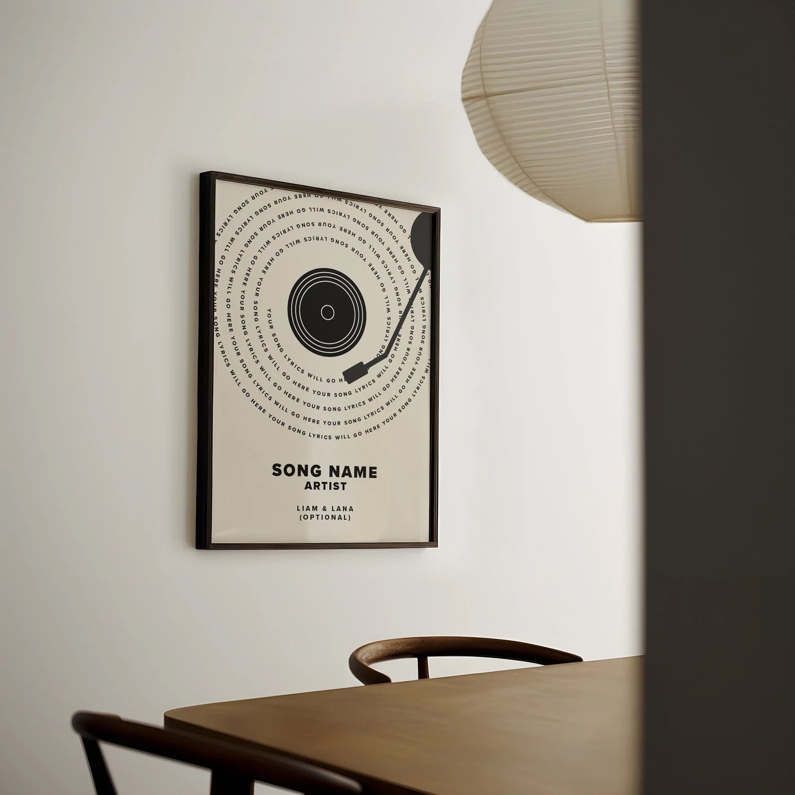 Custom wall art with a vinyl record design and lyrics of a favourite song, perfect for meaningful gifts.