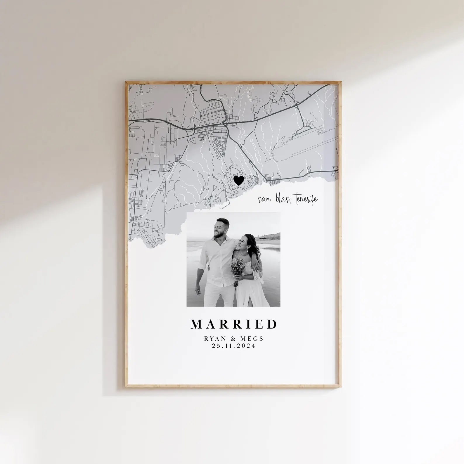 Unique photo and map wedding gift highlighting the couple’s special day and location.